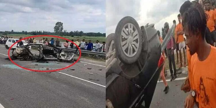 डंपर ने कांवड़ियों को कुचला, दो की मौत, भीड़ ने कार में लगाई आग