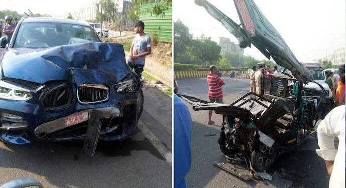 तेज रफ्तार बीएमडब्ल्यू कार ने ई-रिक्शा को मारी टक्कर