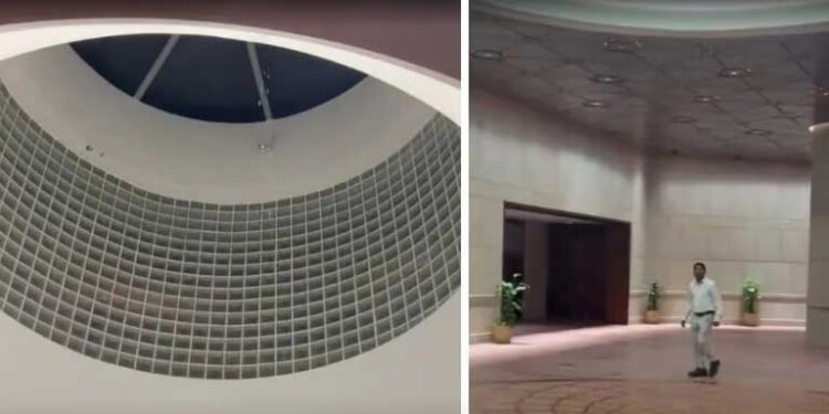 नई दिल्ली में बारिश के बाद संसद की नई इमारत में जलभराव