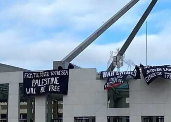 فلسطین حامی آسٹریلیائی پارلیمنٹ کی چھت پر چڑھ گئے